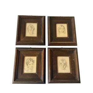 Four Mid-20th Century Framed Miniature Portrait Prints Silk Artist René David